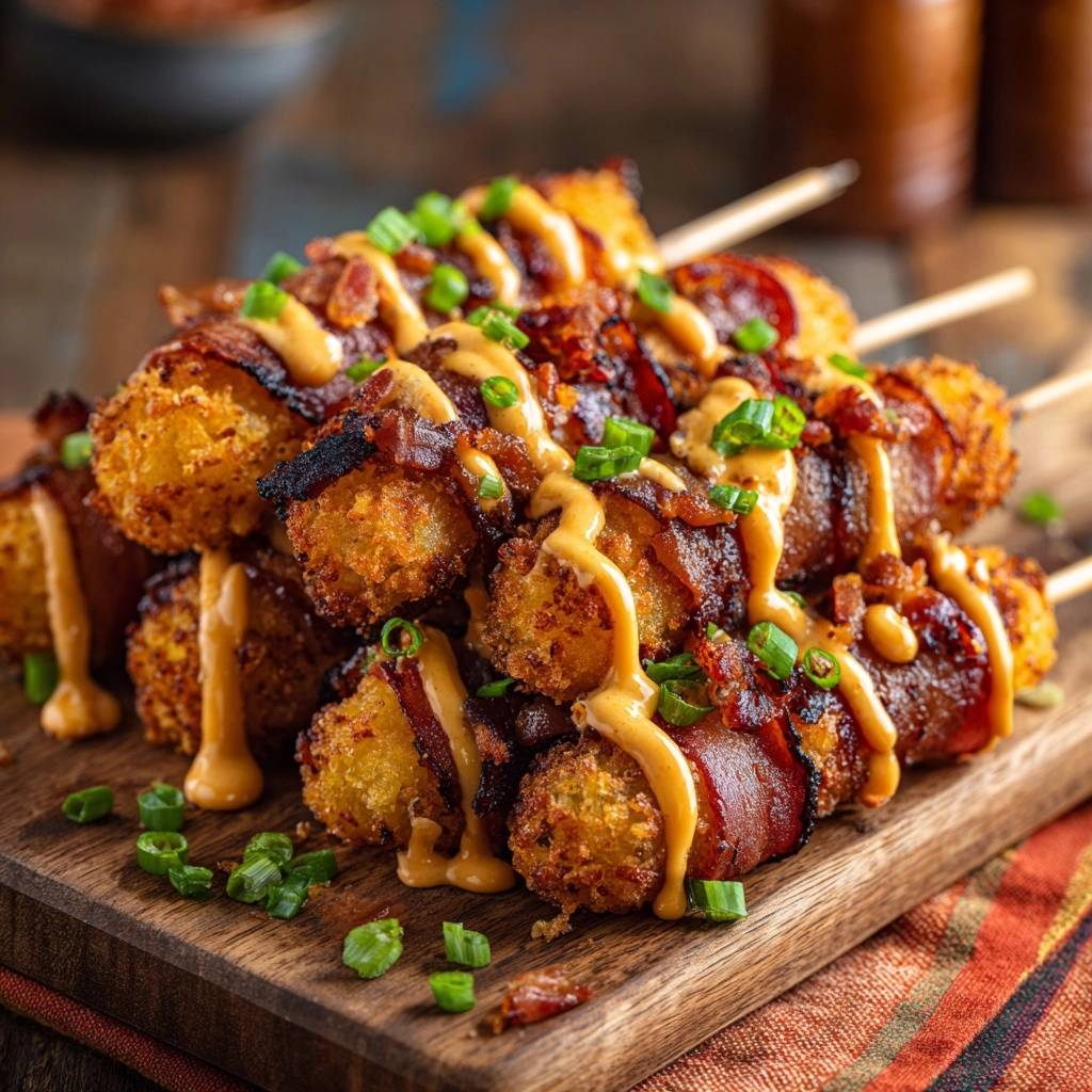 Loaded bacon-wrapped tater tot skewers drizzled with sauce and topped with green onions on a wooden board.