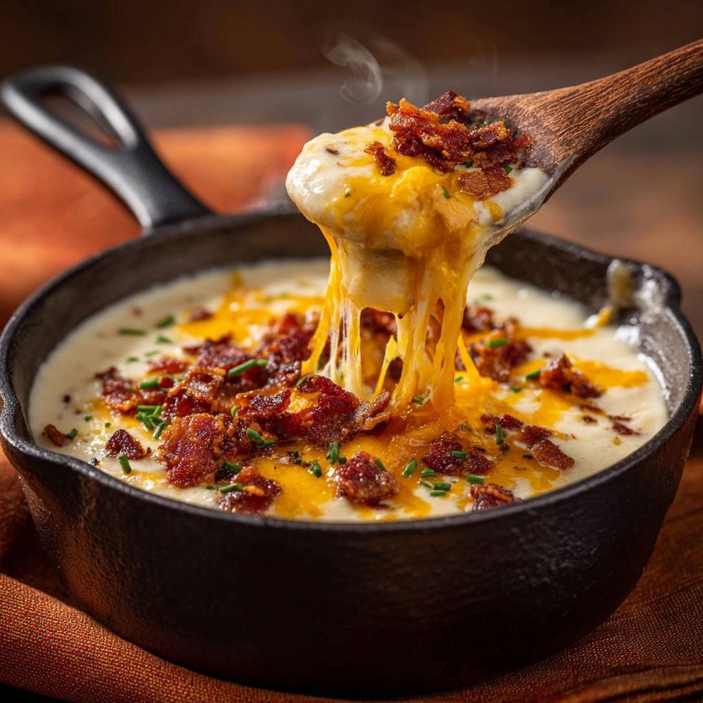 Loaded baked potato soup with melted cheese and bacon being scooped with a wooden spoon.