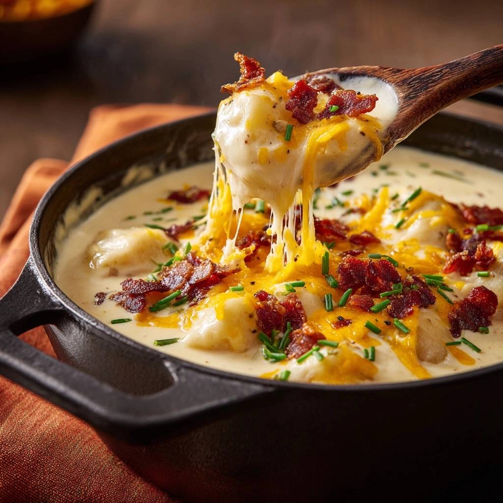 Loaded baked potato soup captured as a spoonful reveals melted cheese and crispy bacon topping.