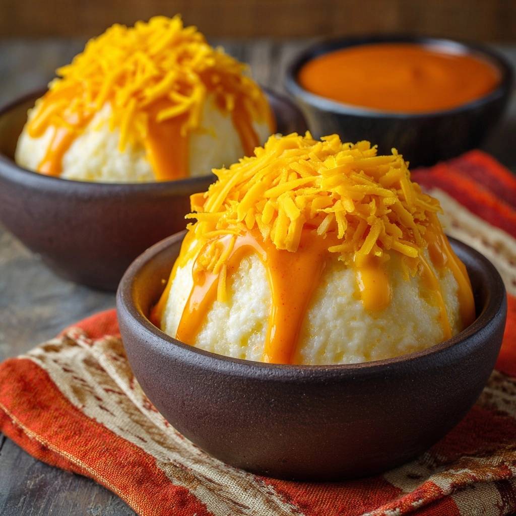 Loaded cheesy grits with a rich orange sauce and shredded cheese topping in a rustic bowl.
