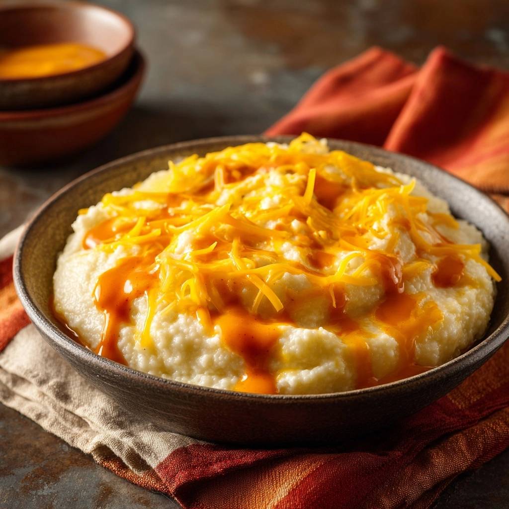 Loaded cheesy grits with a generous topping of shredded cheddar cheese and a rich, glossy sauce drizzle.