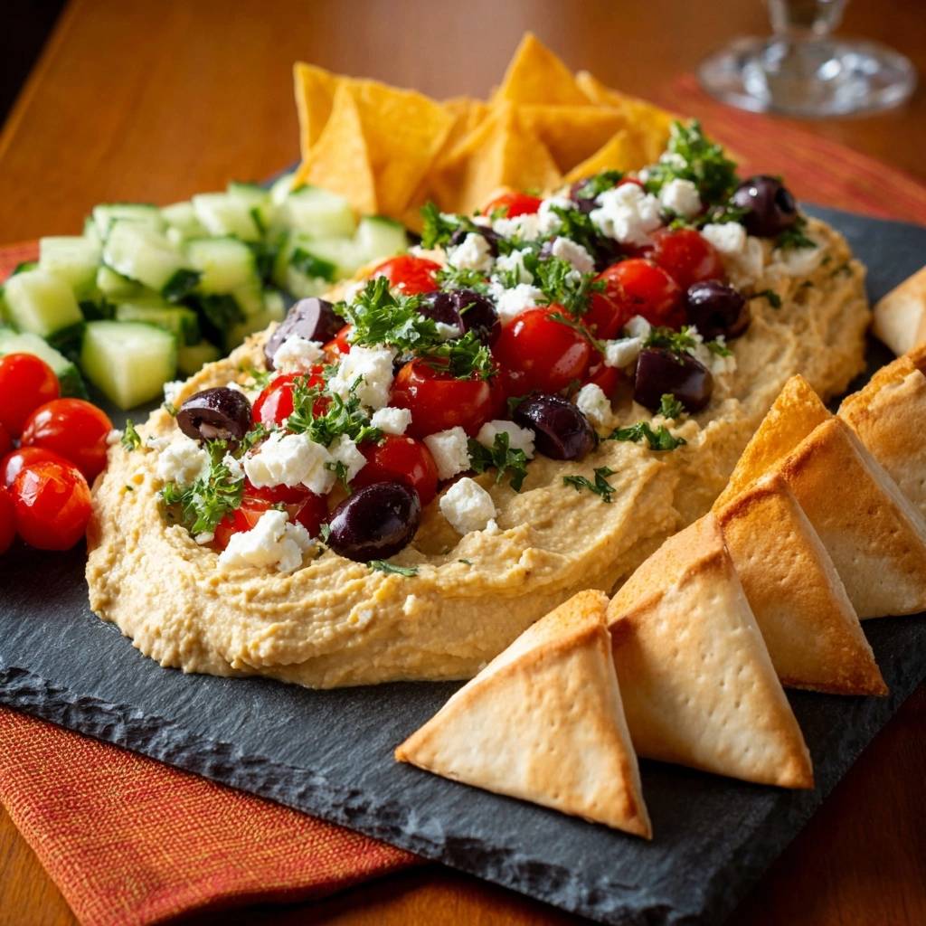 Loaded Greek Hummus Platter generously garnished with cherry tomatoes, olives, feta, and parsley, served with pita chips.