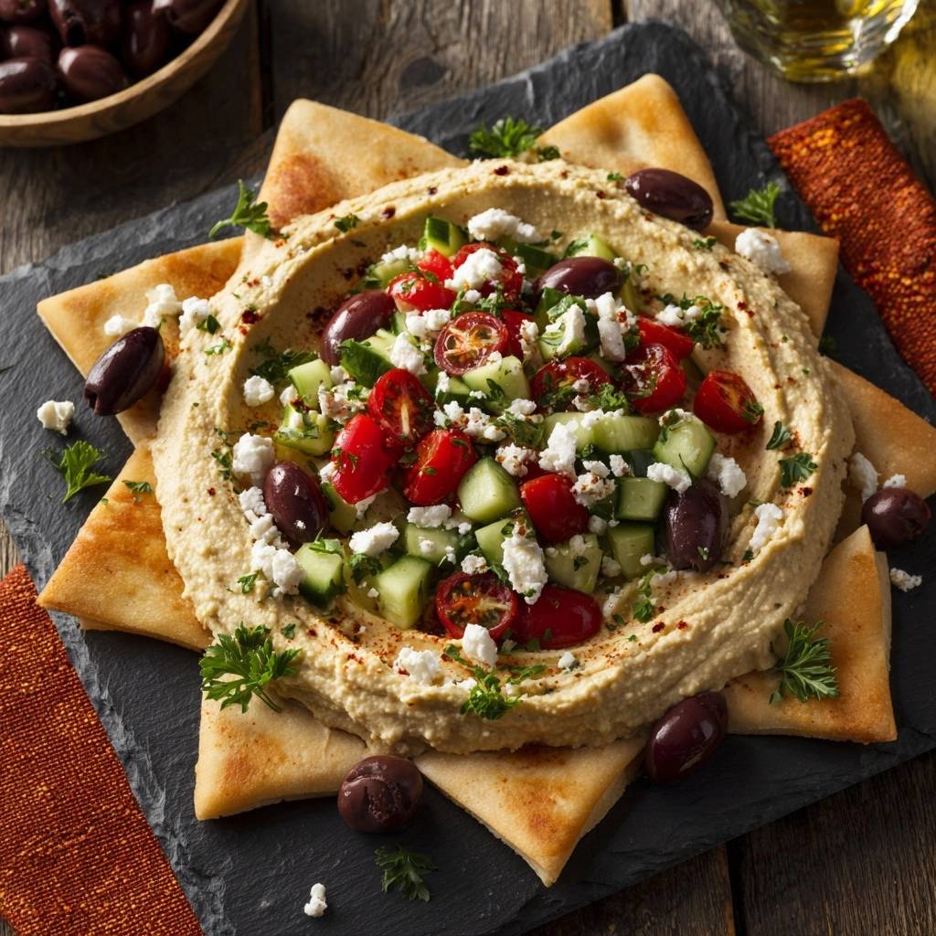 Loaded Greek hummus platter garnished with fresh tomatoes, cucumbers, olives, and feta cheese, served with pita bread.
