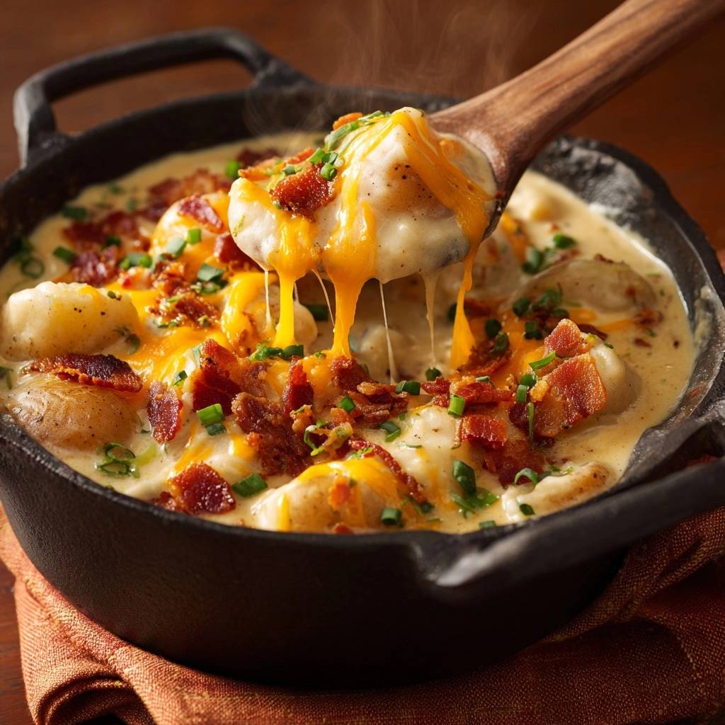 Loaded skillet potatoes with creamy roux sauce being scooped with a wooden spoon, showing melted cheese and bacon.