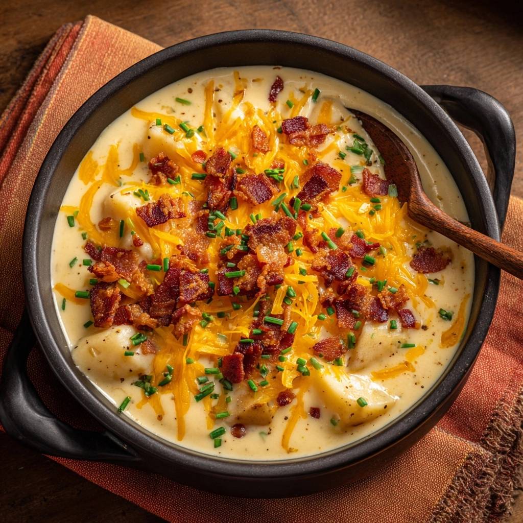 Loaded skillet potatoes with creamy roux sauce, generously garnished with shredded cheddar cheese, crispy bacon, and fresh chives in a black bowl.
