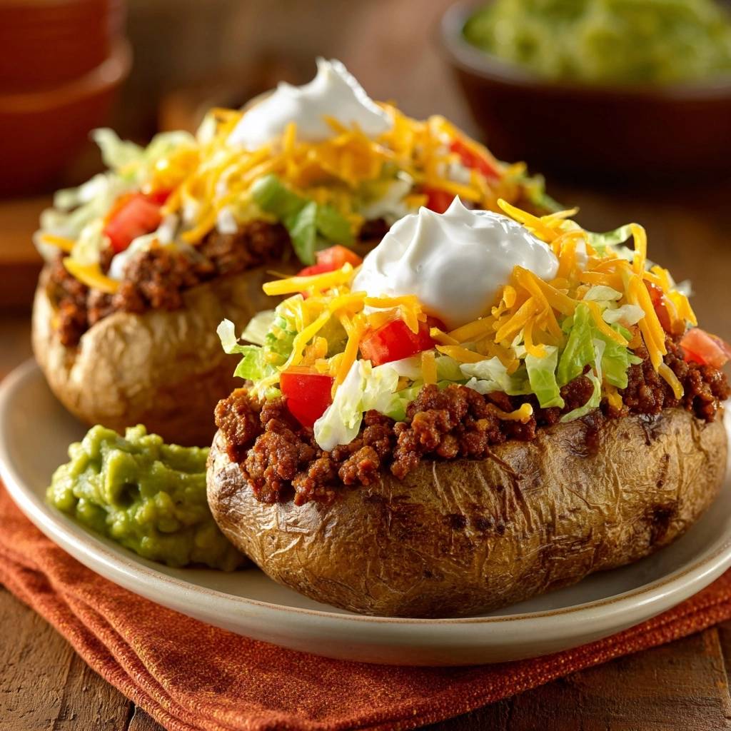 Loaded taco baked potatoes plated with a side of guacamole and topped with cheese, lettuce, tomatoes, and sour cream.