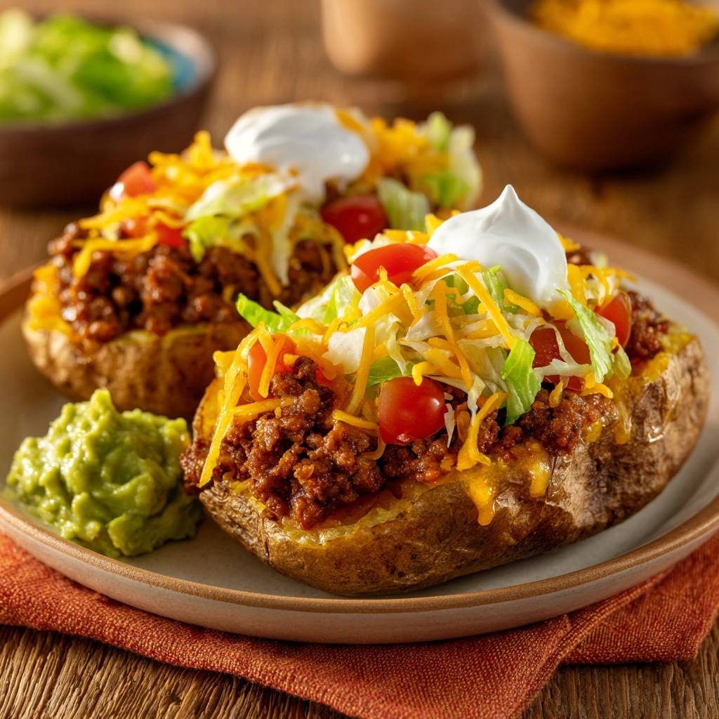 Loaded taco baked potatoes plated with a side of guacamole and topped with cheese, lettuce, and sour cream.