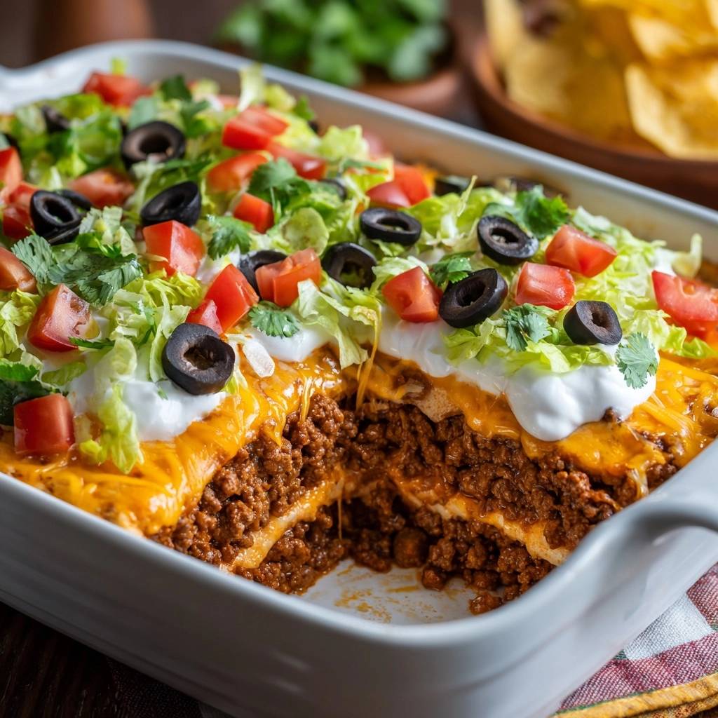 Loaded taco casserole with crisp layers showing a delicious cross-section of ground beef and cheese.
