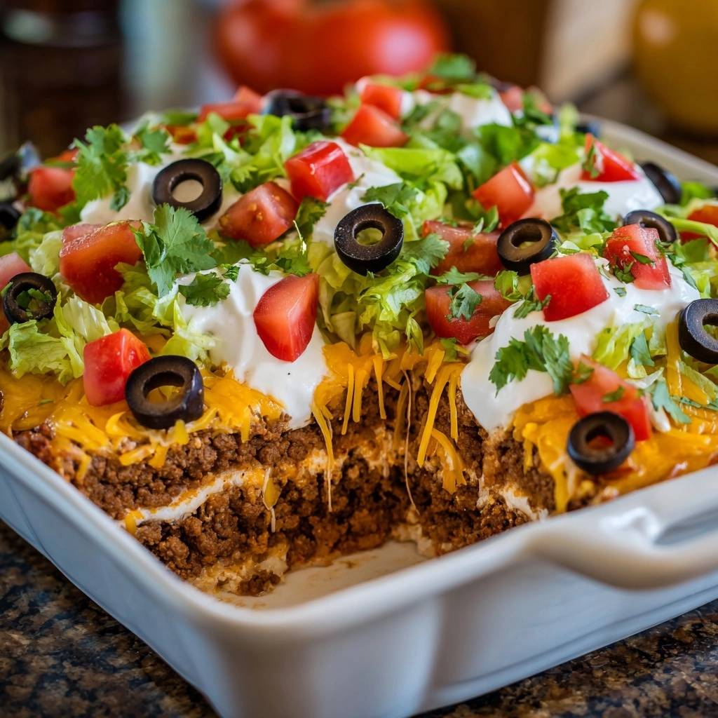Loaded taco casserole with crisp layers shown in a close-up cross-section revealing its distinct layers.