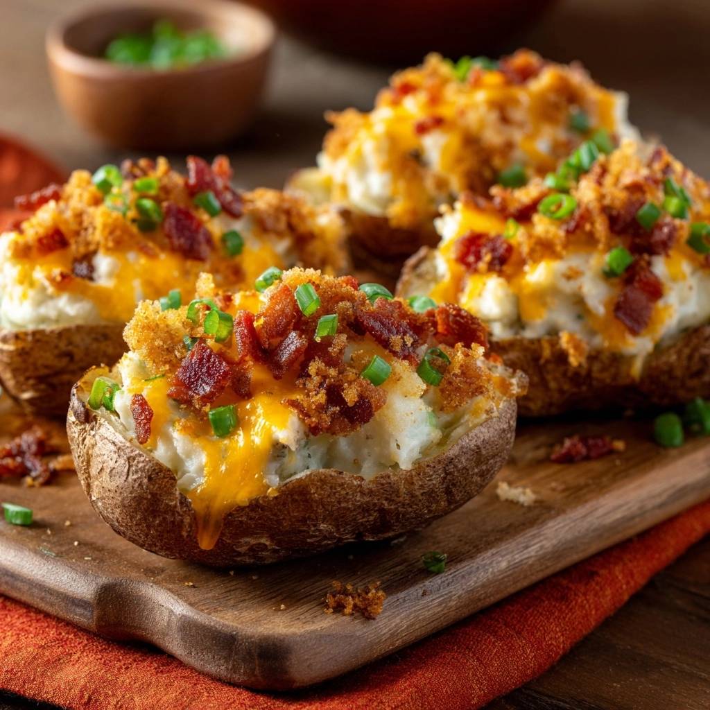 Loaded twice-baked potatoes with a close-up view of the cheesy, bacon, and breadcrumb topping.