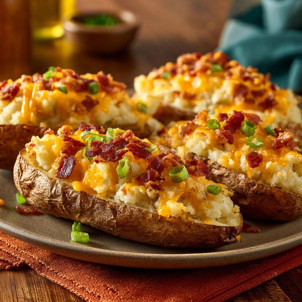 Loaded twice-baked potatoes with melted cheddar, bacon, and green onions served on a plate.