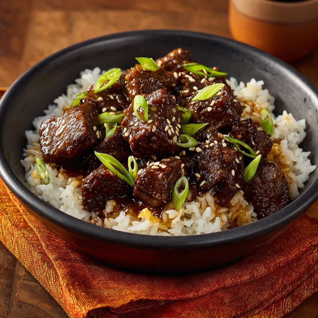 Mongolian beef tender chunks with sesame seeds and green onions served over white rice.