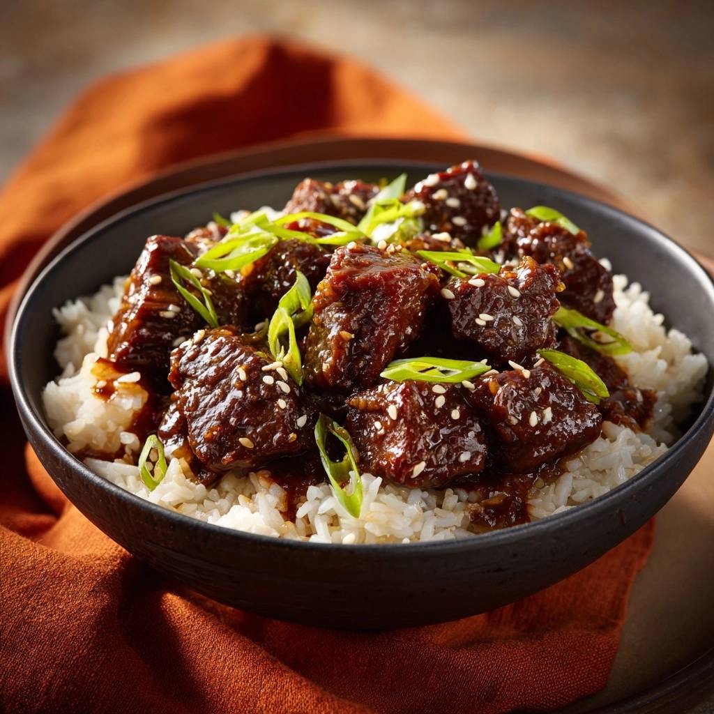 Mongolian beef served in a bowl over white rice, garnished with sesame seeds and sliced green onions.