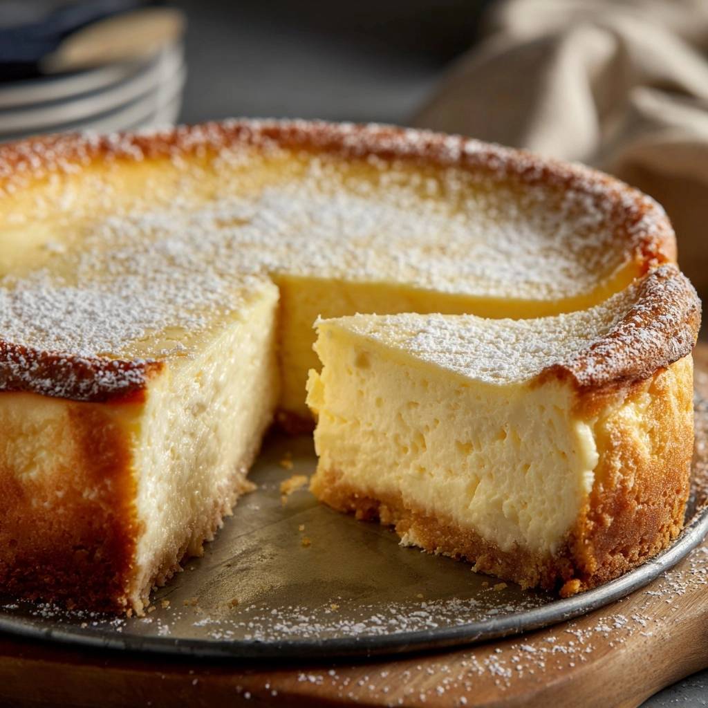 Classic New York Cheesecake sliced and dusted with powdered sugar, revealing its rich interior texture.