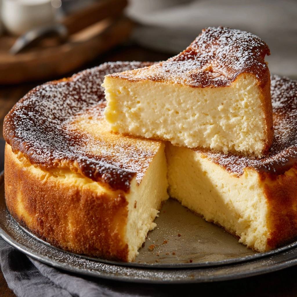 Classic New York Cheesecake sliced to reveal its creamy interior, dusted with powdered sugar.