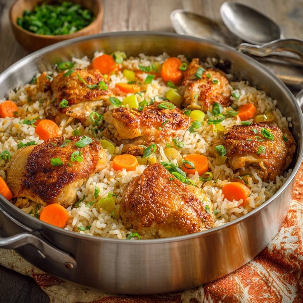 One-pan crispy chicken rice with shatter-crisp skin, served directly in the cooking pan with carrots and leeks.