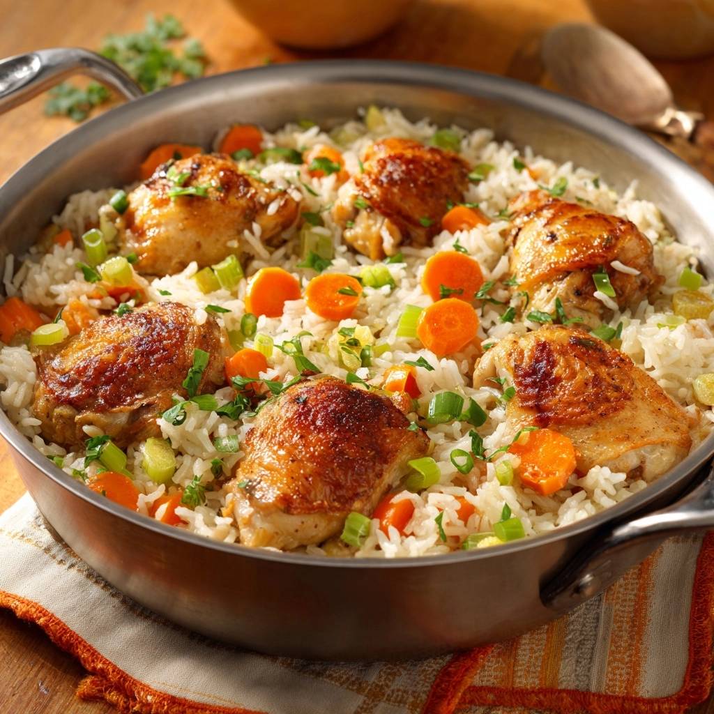 One-pan crispy chicken rice with shatter-crisp skin, shown in a close-up skillet view with visible carrots and scallions.