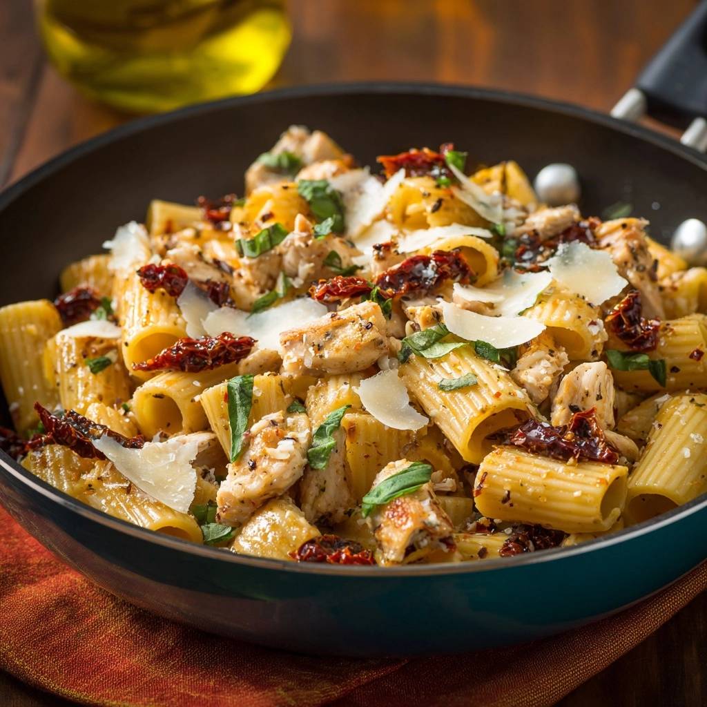 One-pan sun-dried tomato chicken rigatoni served in a pan, showing a close-up view with chicken, pasta, and sun-dried tomatoes.
