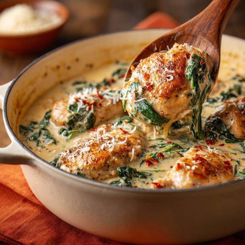 One-pan creamy spinach chicken with a spoonful being lifted, showing tender chicken and wilted spinach in a rich sauce.