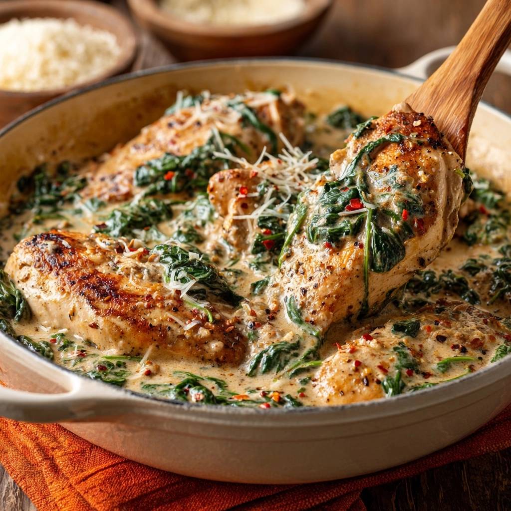 One-pan creamy spinach chicken being lifted from the skillet with a wooden spoon, showing tender chicken and wilted spinach in sauce.