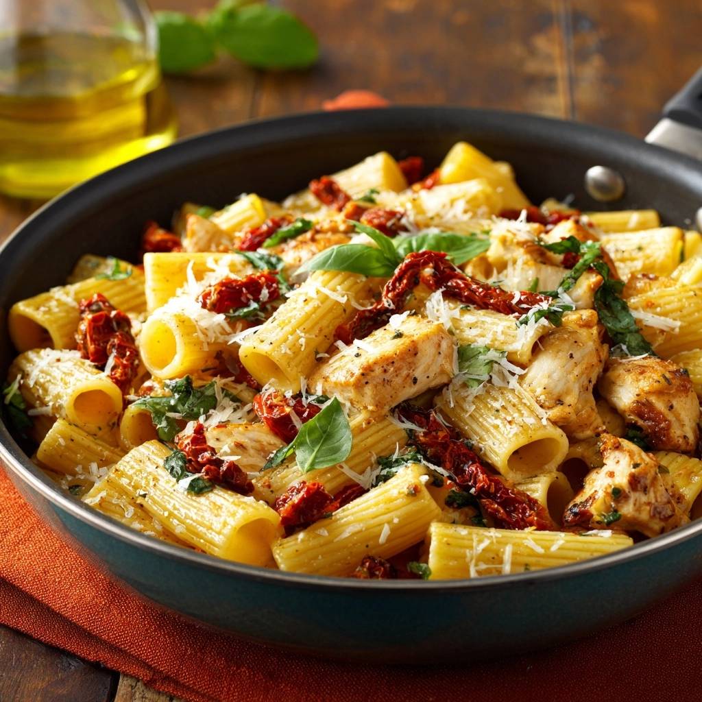 One-pan sun-dried tomato chicken rigatoni served in a skillet, showcasing the pasta, chicken, and garnishes in a close-up view.