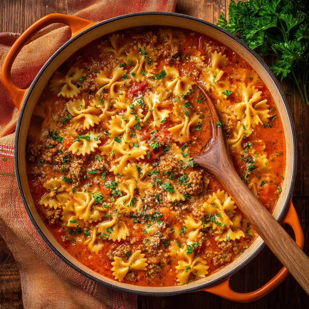One-pot beef farfalle shown in an overhead view within an orange Dutch oven, garnished with parsley.