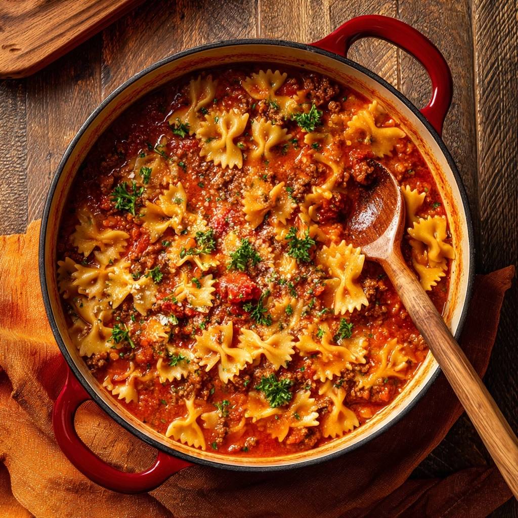 One-pot beef farfalle served directly in a red pot with a wooden spoon, viewed from above.