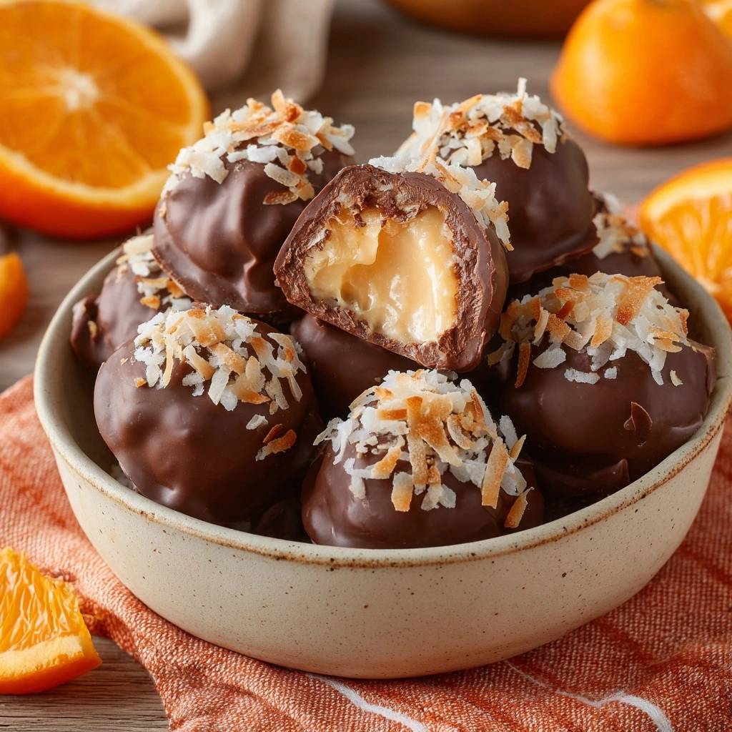 Orange coconut chocolate truffles with a creamy filling shown in a cross-section view.