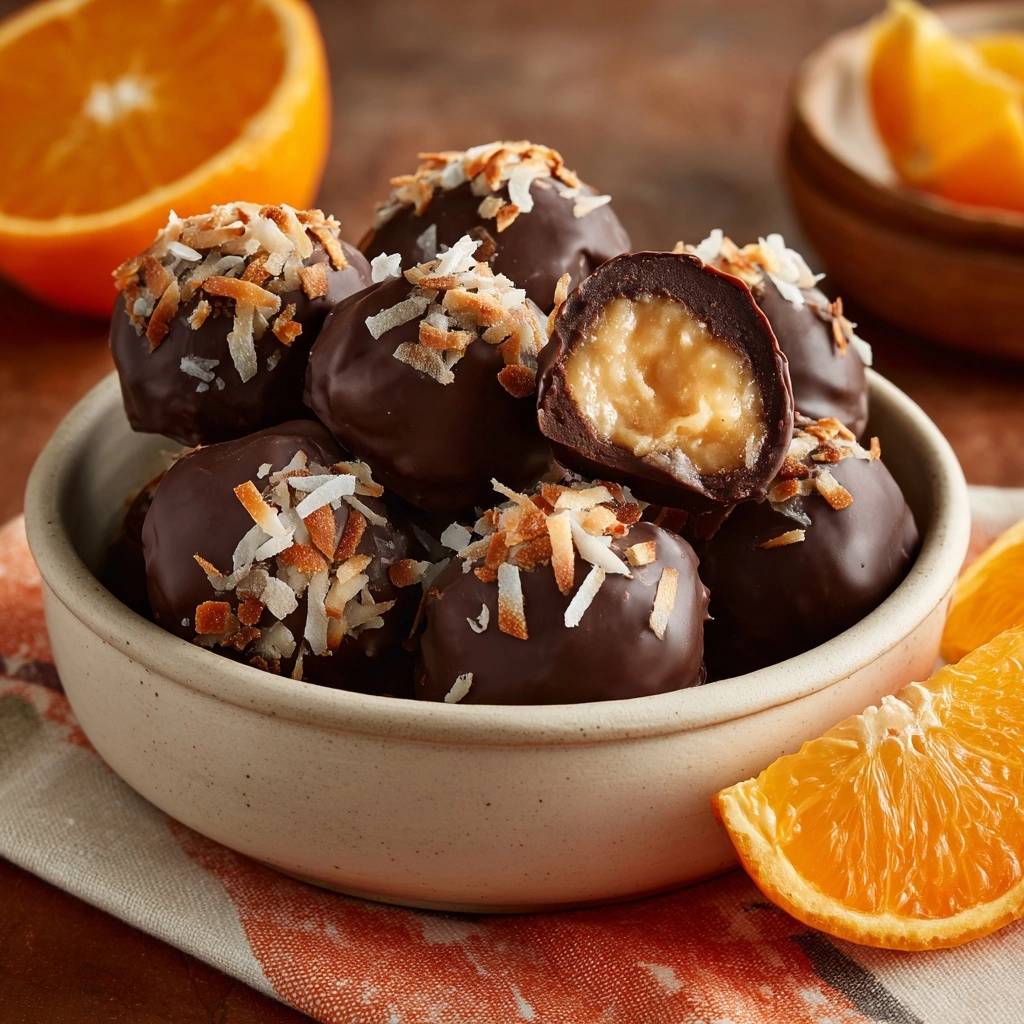 Orange coconut chocolate truffles with a cross-section revealing the creamy filling, garnished with toasted coconut.