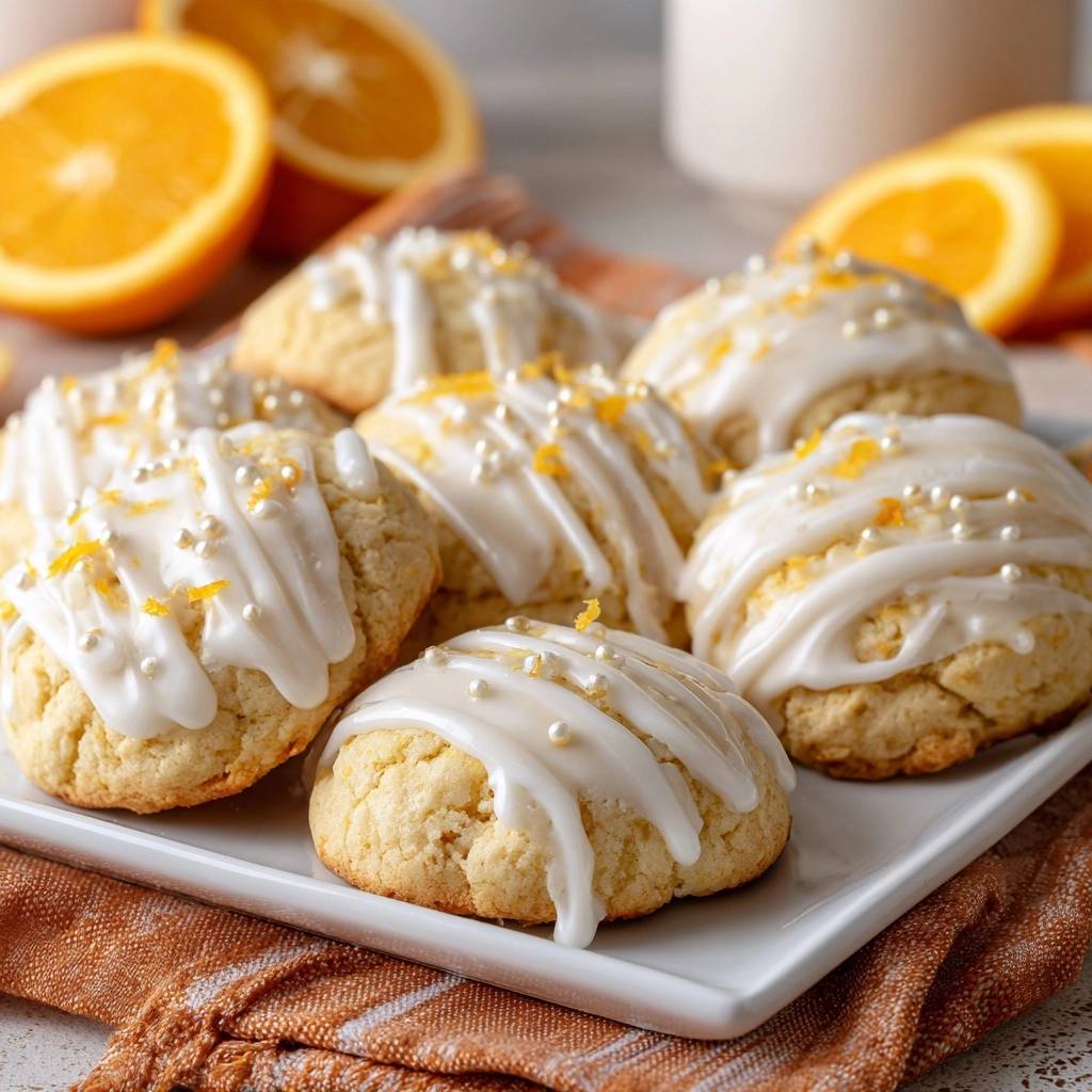 Orange glazed cookies with zesty garnish and pearl sprinkles, presented on a white plate.