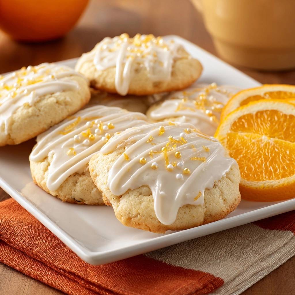Orange glazed cookies generously drizzled with icing and sprinkled with zesty orange zest and decorative beads.