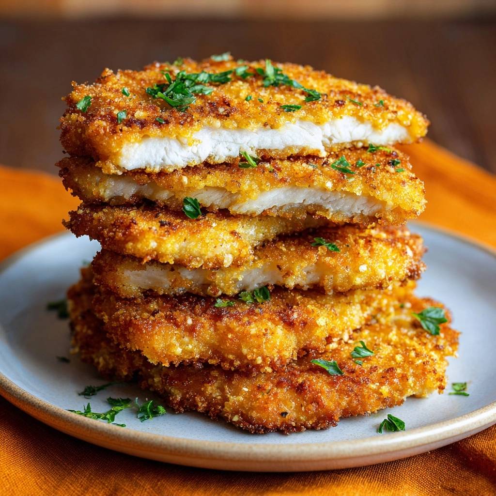 Crispy panko chicken cutlets stacked and sliced to reveal a juicy interior, garnished with fresh parsley.