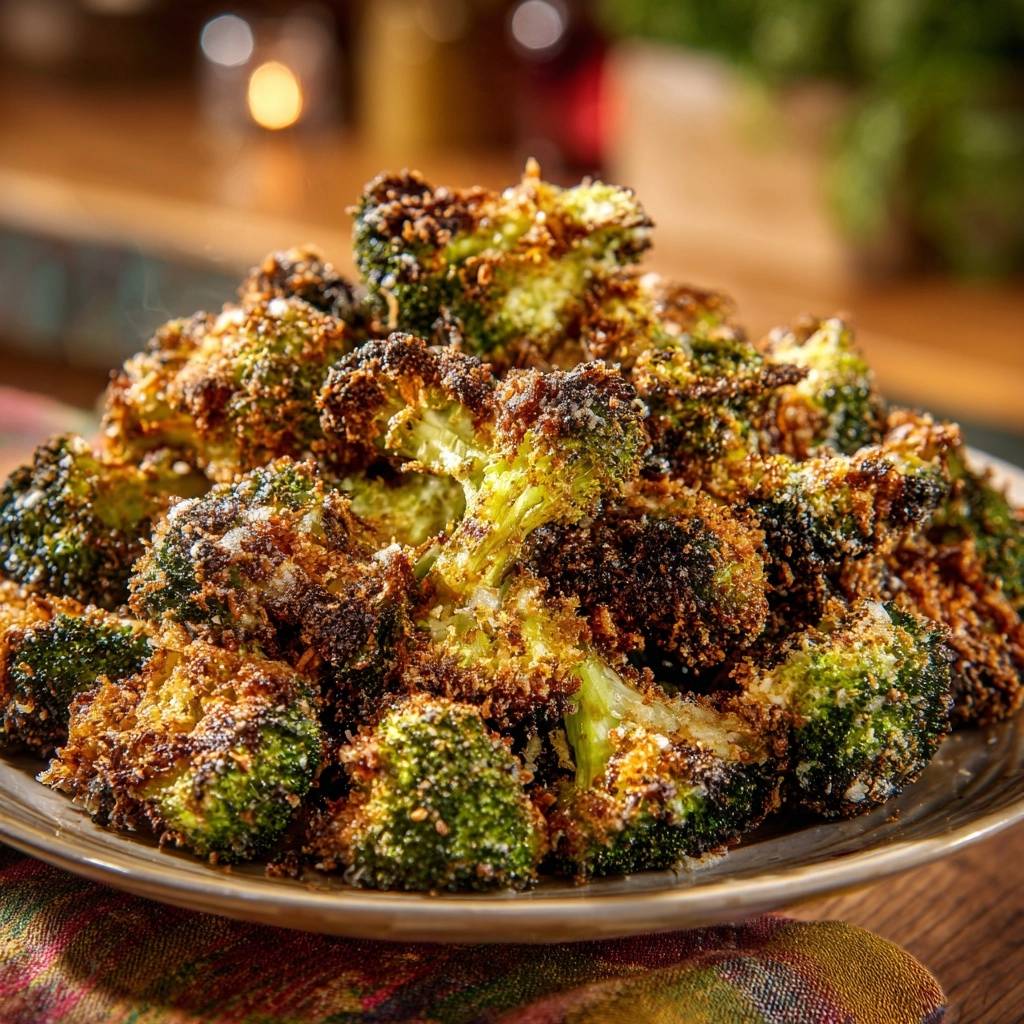 Crispy Panko Parmesan Broccoli piled high on a plate, showcasing its golden-brown, textured florets.