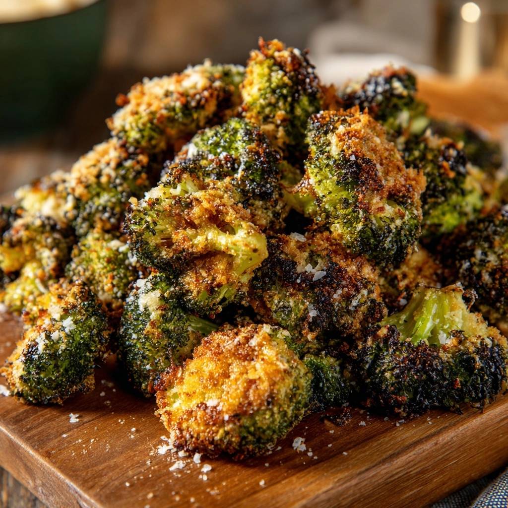 Crispy panko parmesan broccoli, a close-up view highlighting the golden-brown breadcrumb coating and roasted florets.