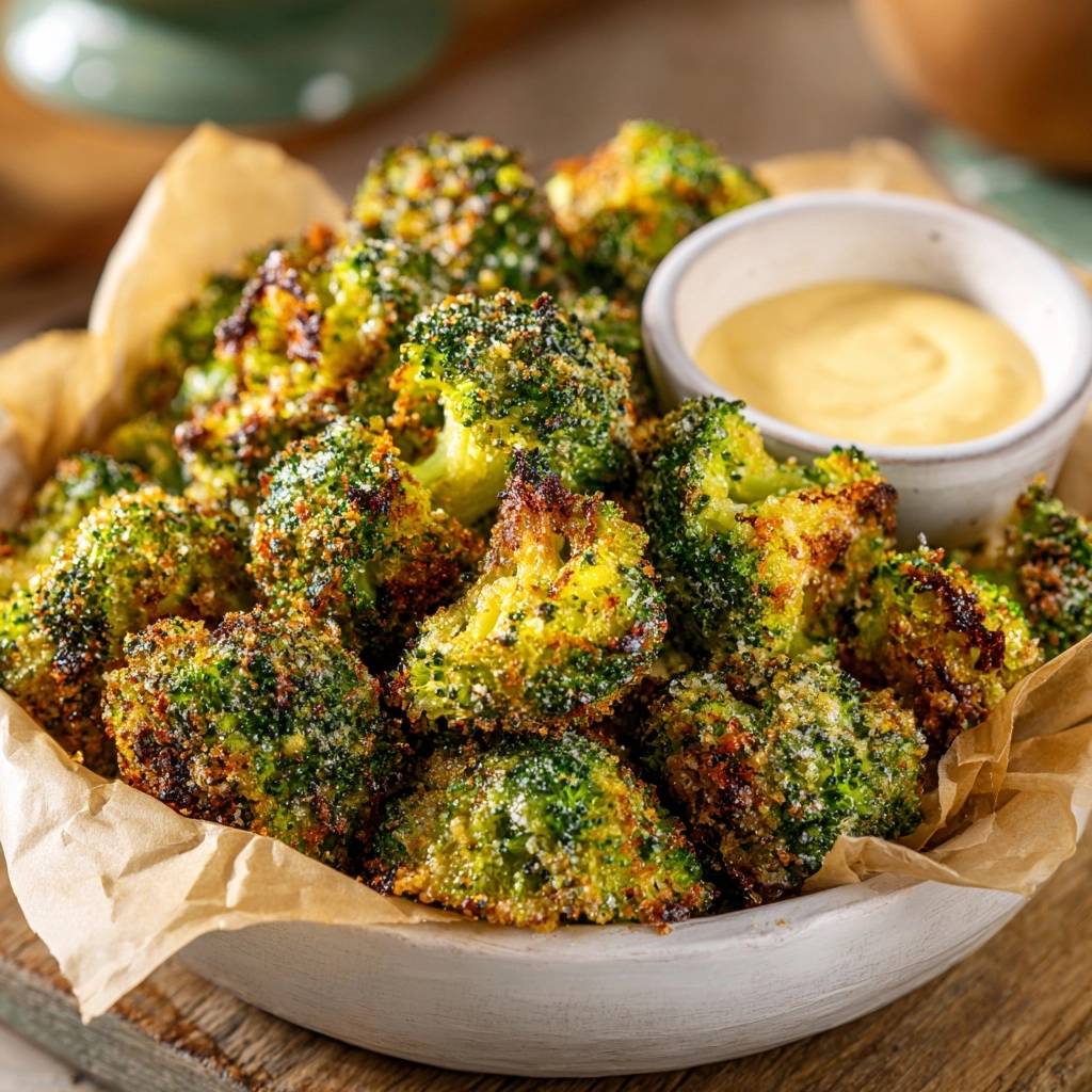 Crispy Parmesan Broccoli Bites served in a bowl with a side of dipping sauce, showcasing their texture.