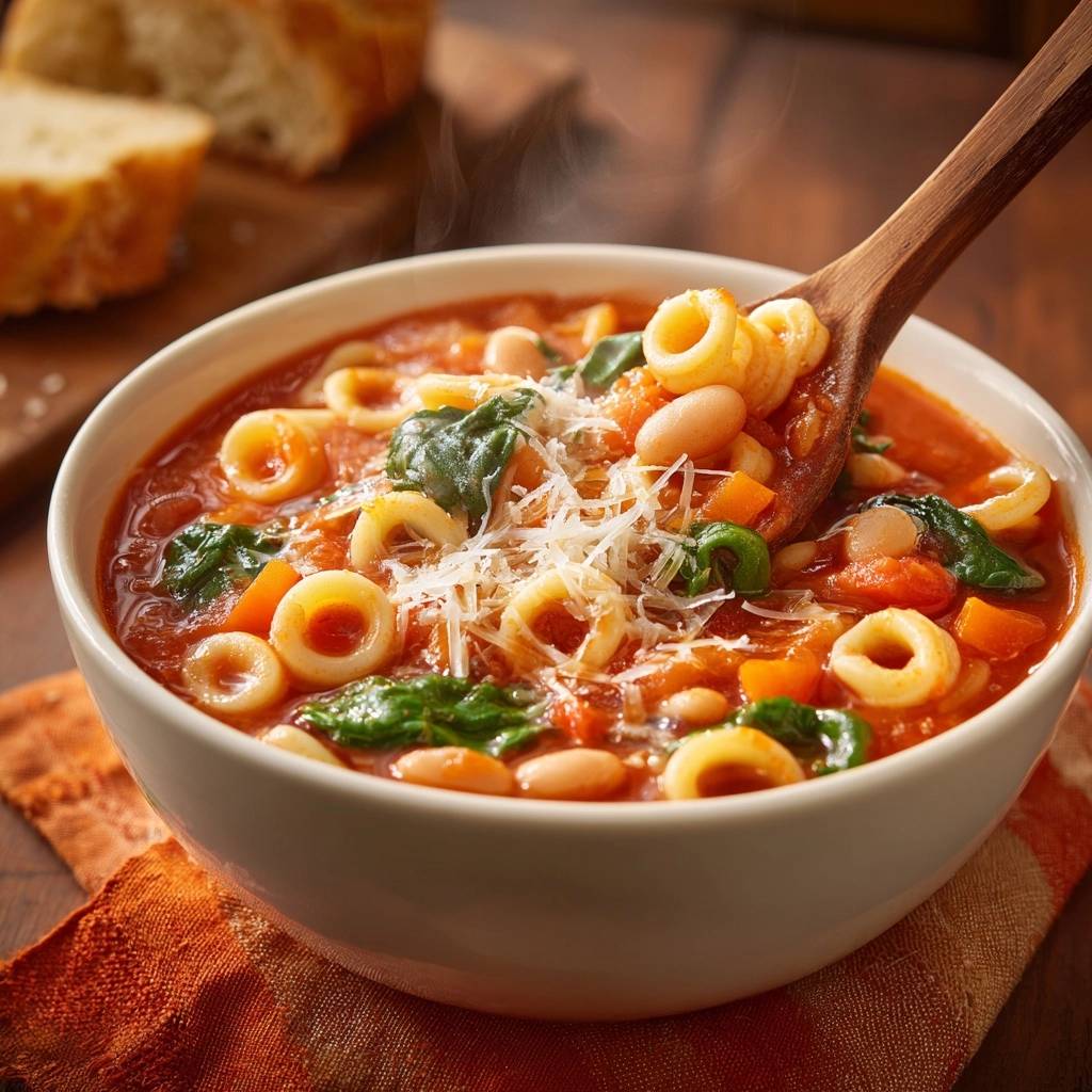 Hearty Pasta e Fagioli Soup with al dente texture, shown in a close-up with a spoonful lifted from the bowl.