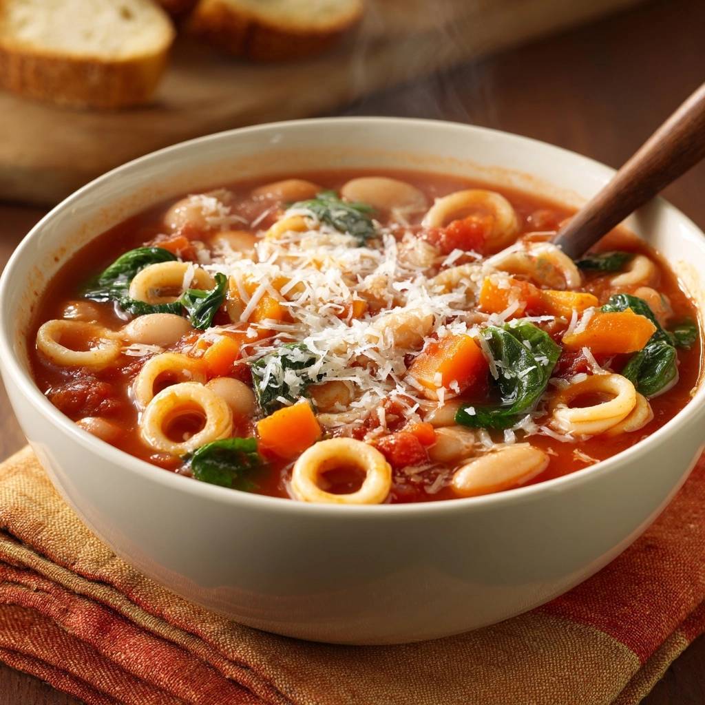 Hearty Pasta e Fagioli Soup with al dente texture and a generous topping of grated Parmesan cheese.