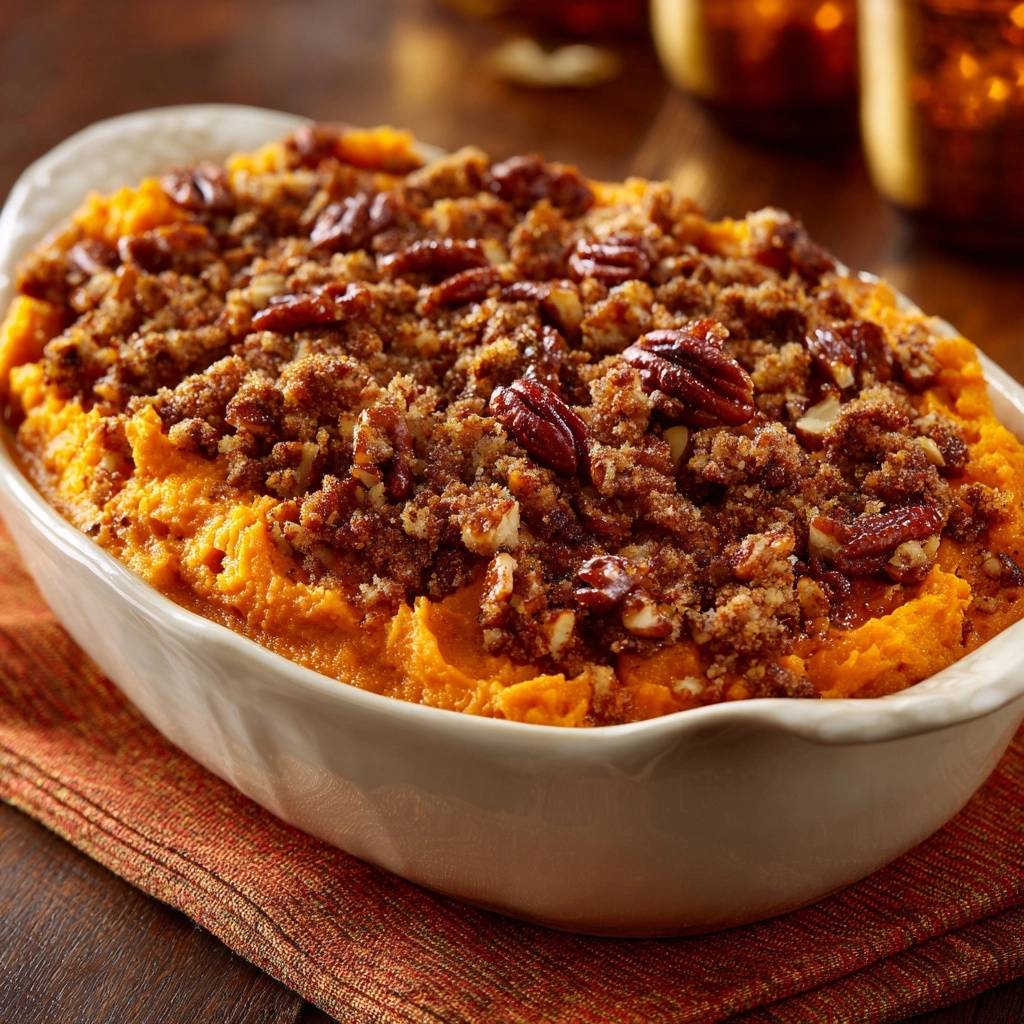 Pecan streusel sweet potato casserole in a white dish with a close-up view of the crunchy pecan topping.