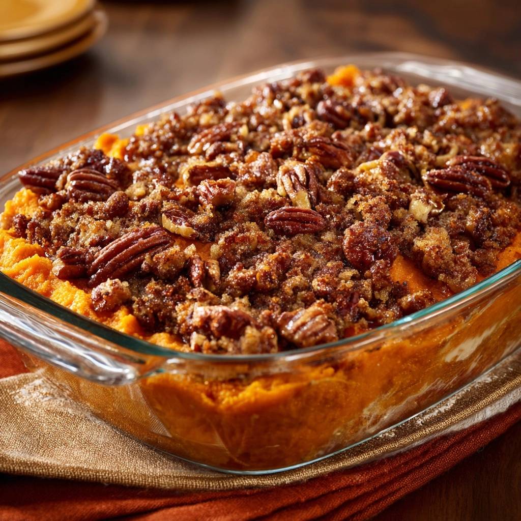 Pecan streusel sweet potato casserole featuring a close-up view of the crunchy pecan and brown sugar topping.