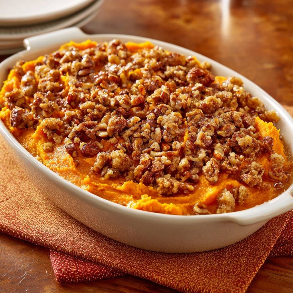 Crunchy pecan sweet potato casserole recipe, showing a close-up of the toasted pecan and crumb topping.