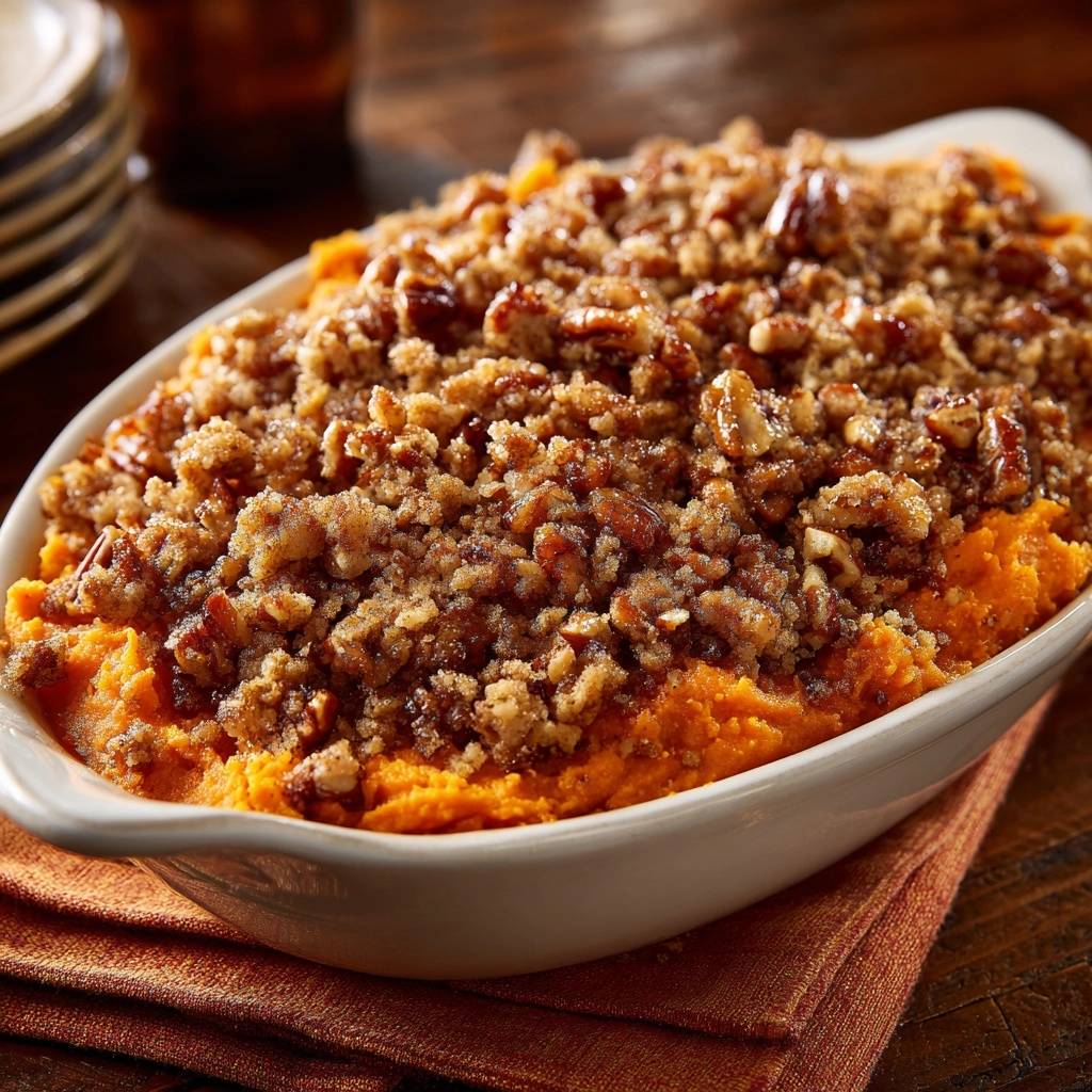 Crunchy pecan sweet potato casserole recipe shown with a close-up view of the textured pecan and crumble topping.