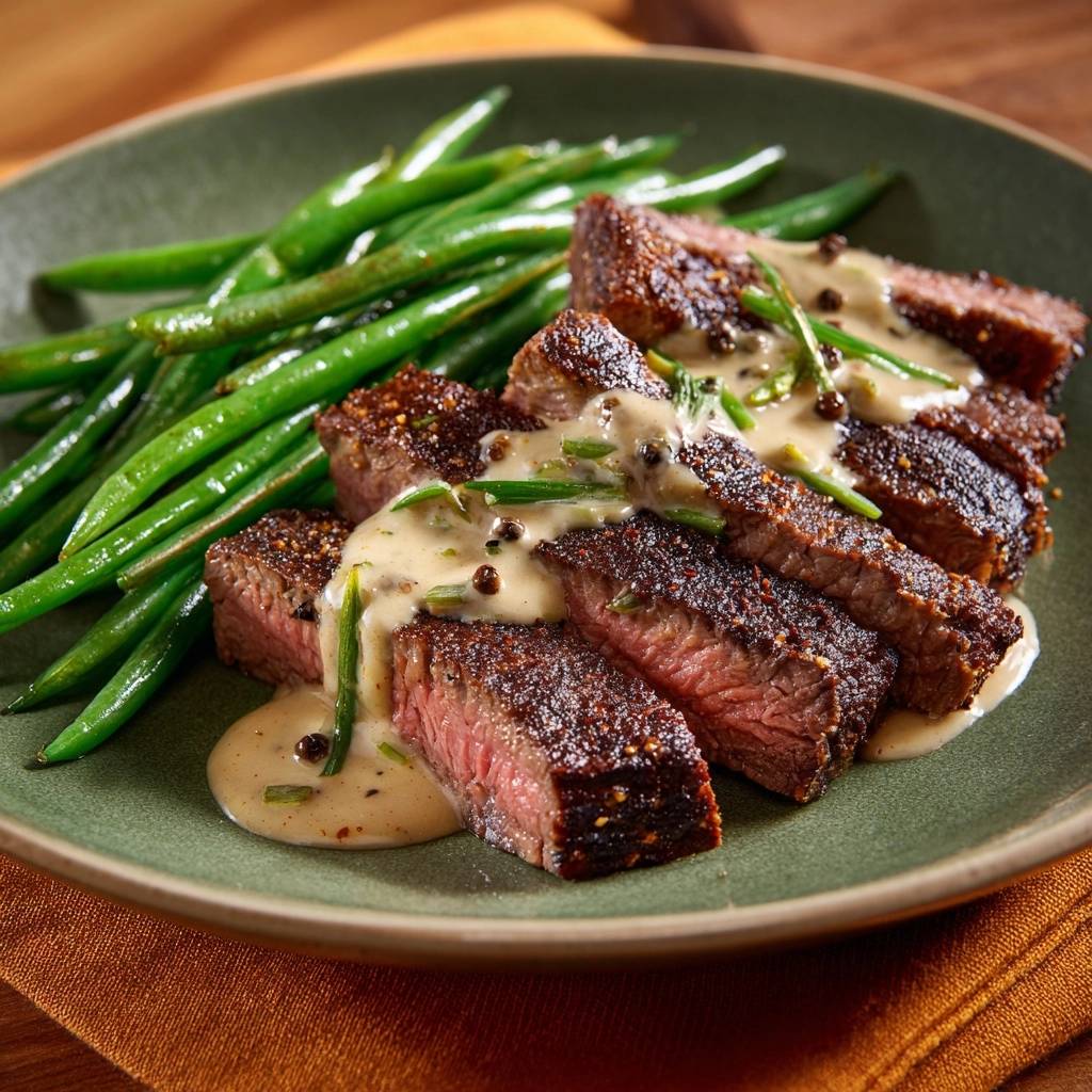 Peppercorn crusted steak with green beans, showcasing a perfectly cooked sliced cross-section with a creamy sauce.
