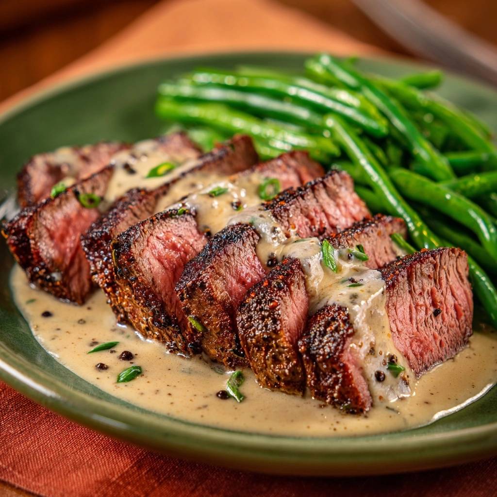 Peppercorn crusted steak sliced and served with a creamy sauce and green beans, showing a close-up of the juicy interior.