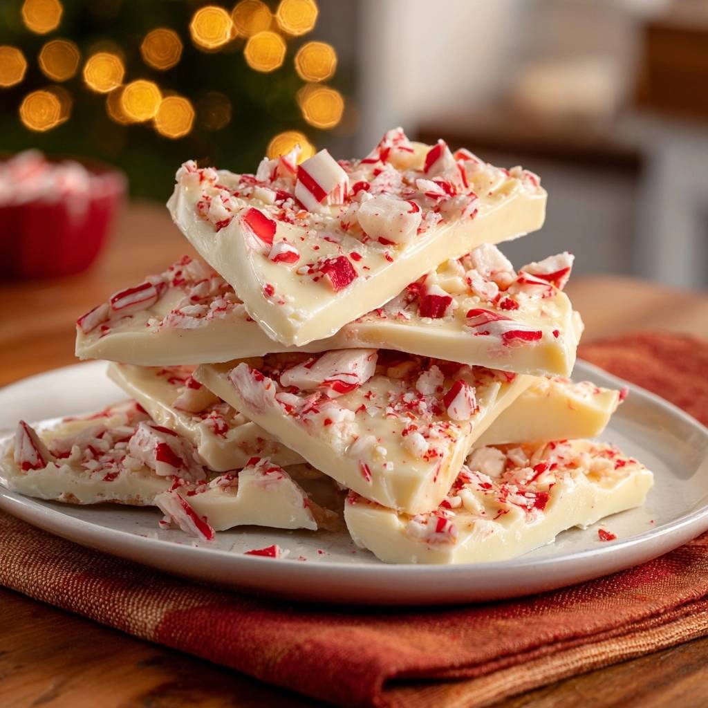 Festive peppermint white chocolate bark stacked high on a plate, showcasing crushed candy cane pieces.