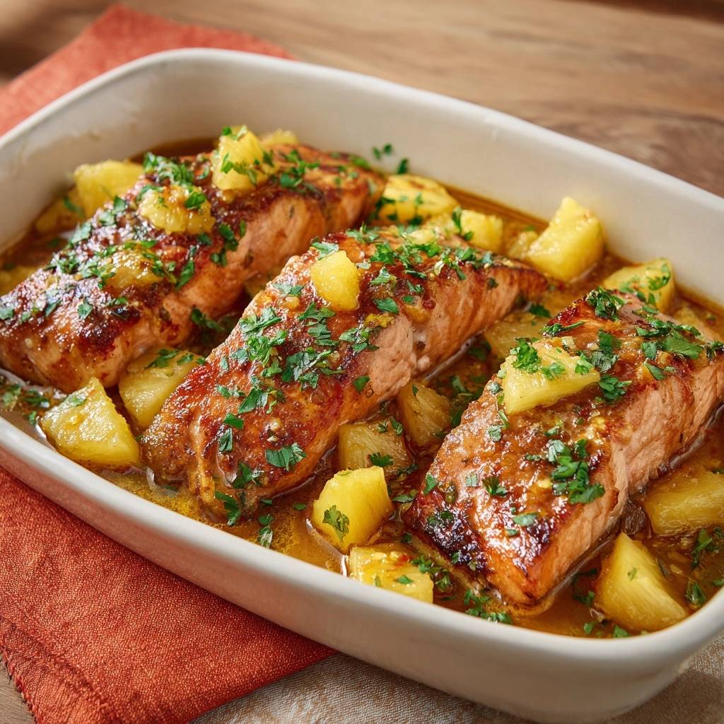 Pineapple glazed baked salmon served in a white baking dish with pineapple chunks and fresh parsley.