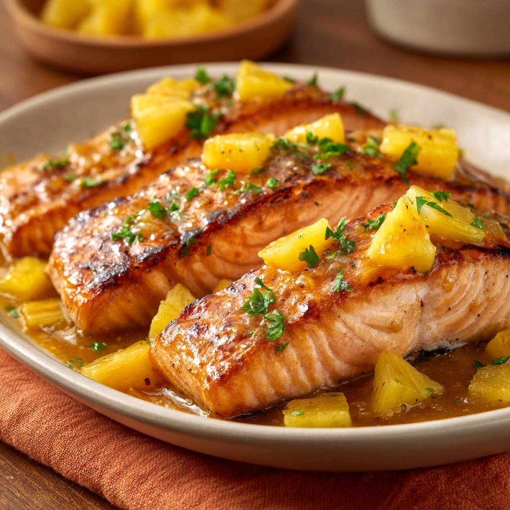 Pineapple glazed baked salmon three fillets served with pineapple chunks and fresh parsley garnish on a white plate.