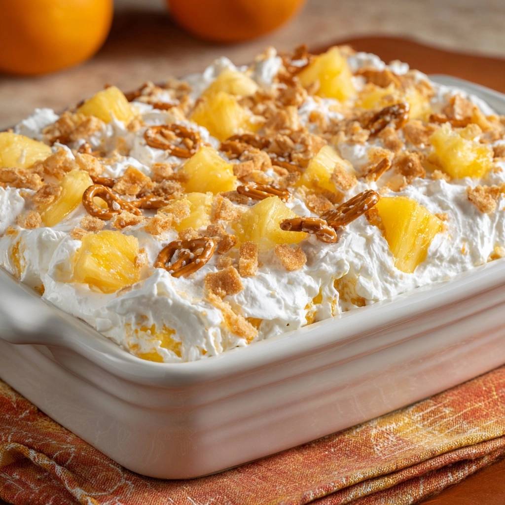 Pineapple Pecan Crunch Delight shown in a white baking dish, topped with whipped cream, pineapple chunks, and pretzel pieces.