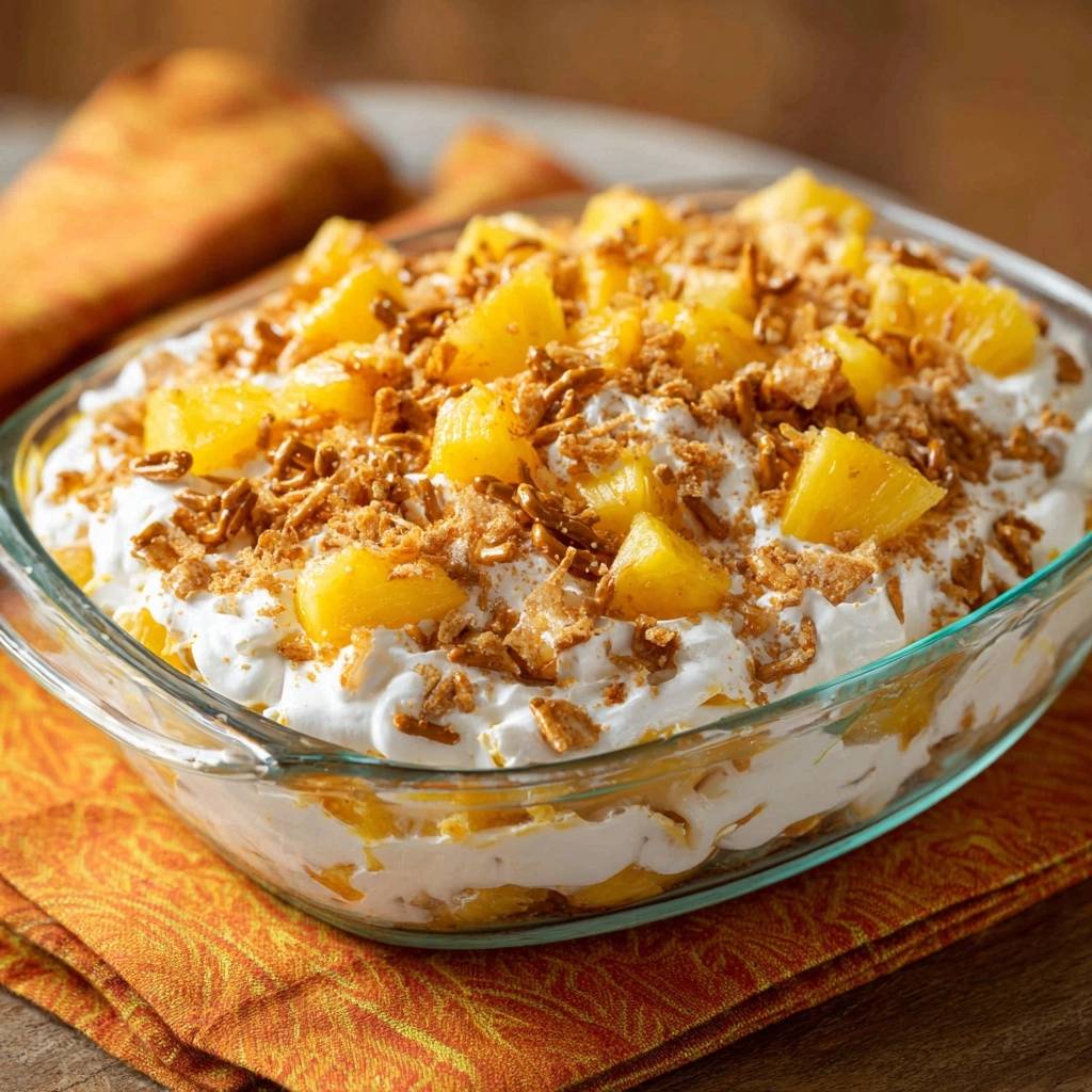 Pineapple Pecan Crunch Delight dessert in a glass dish, topped with pineapple chunks and pecan crumble.