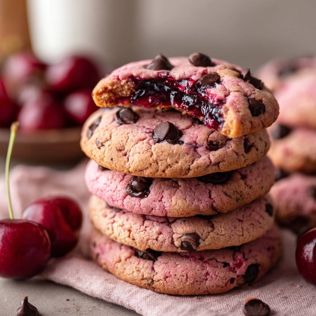 Pink cherry chocolate cookies showing a cross-section with gooey cherry filling and chocolate chips.