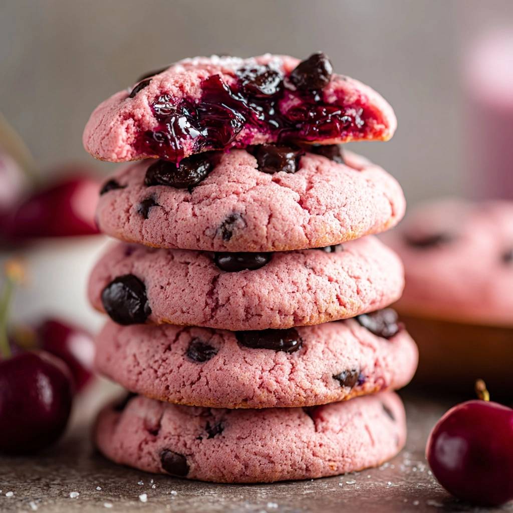 Pink cherry chocolate cookies showing a close-up cross-section of the gooey cherry filling and chocolate chips.